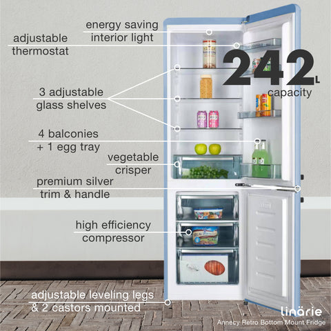 Linarie Appliances | Retro Bottom Mount Fridge | Blue LKCO250BLUE • Pink LKCO250PINK • Green LKCO250GREEN • Black LKCO250BLACK • Red LKCO250RED
