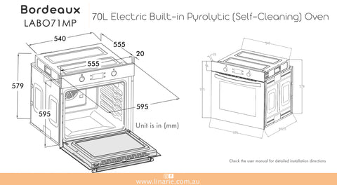 Linärie Appliances | Bordeaux 70L Electric Built-in Pyrolytic Self-Cleaning Oven LABO71MPX | 60cm Built-In Oven