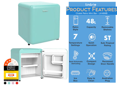 Linärie Appliances | Retro Fridge Collection | 250L Annecy Bottom Mount Fridge LKCO250 | 209L Valloire Top Mount Fridge LK200DD| 91L Tignes Mini Fridge with Built-In Freezer Compartment LK48MB | 48L Chatel Mini Fridge with Built-In Freezer Compartment LK90TT