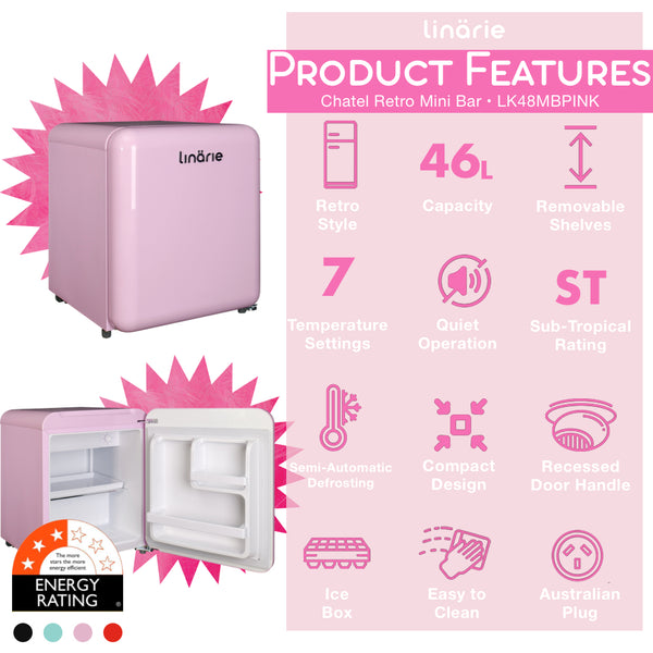 Linarie Appliances | Pink Retro Fridge Collection | Annecy 242L Retro Bottom Mount Fridge Pink LKCO250PINK | Valloire 209L Pink Retro Top Mount Fridge LK200DDPINK | Tignes 91L Pink Retro Mini Fridge with Built-In Freezer Compartment LK90TTPINK | Chatel 48L Pink Retro Mini Fridge with Built-In Freezer Compartment LK48MBPINK