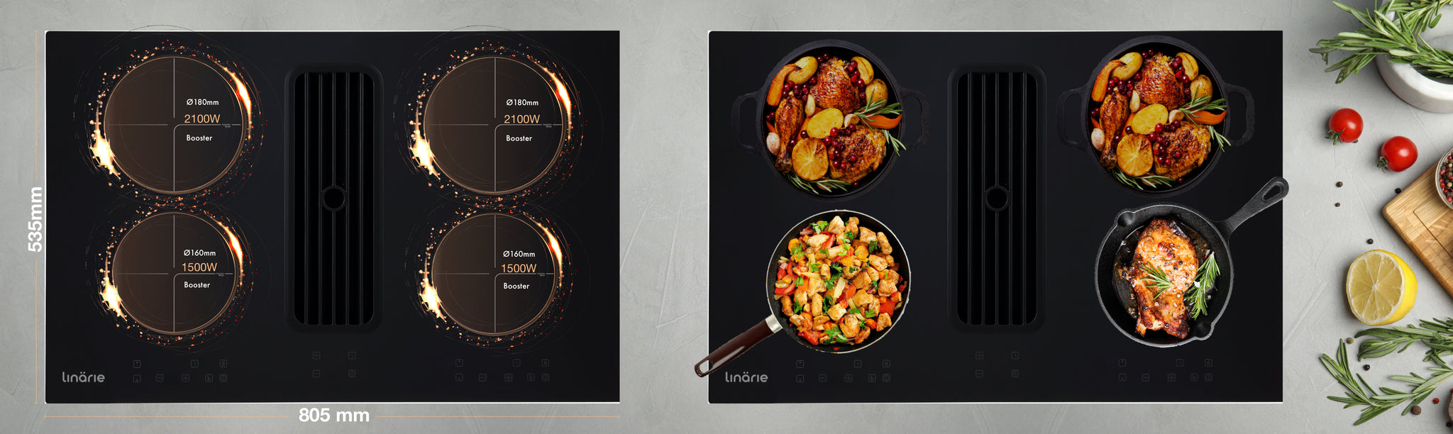 Linarie Appliances | Lyon • RF90I4FHOOD | Best Induction Cooktop with Integrated Air Extraction System for Island Kitchens in 2023