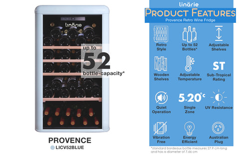 Linärie Appliances | Provence 52 Bottle Single Zone Retro Wine Fridge LICV52BLUE | Wine Cooler, Wine Cellar, Wine Cabinet, Wine Chiller, Wine Refrigerator, Wine Storage | Burgundy • 33 Bottle Capacity • Red LICV33RED | Loire • 106 Bottle Capacity • Green LICV106GREEN