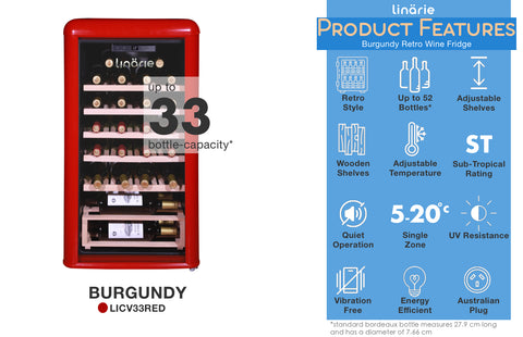 Linärie Appliances | Loire 106 Bottle Single Zone Retro Wine Fridge Green LICV106GREEN | Wine Cooler, Wine Cellar, Wine Cabinet, Wine Chiller, Wine Refrigerator, Wine Storage | Provence • 52 Bottle Capacity • Blue LICV52BLUE | Burgundy • 33 Bottle Capacity • Red LICV33RED