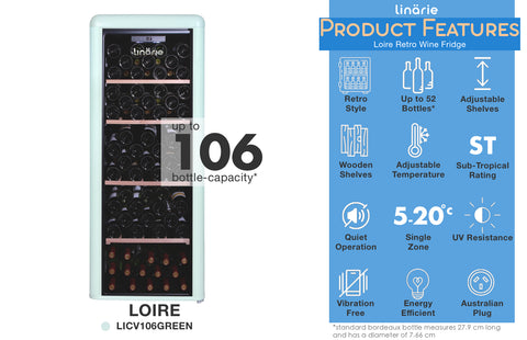 Linärie Appliances | Burgundy 33 Bottle Single Zone Retro Wine Fridge Red LICV33RED | Wine Cooler, Wine Cellar, Wine Cabinet, Wine Chiller, Wine Refrigerator, Wine Storage | Provence • 52 Bottle Capacity • Blue LICV52BLUE| Loire • 106 Bottle Capacity • Green LICV106GREEN