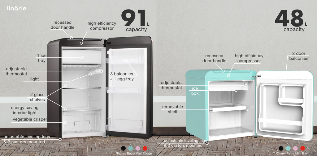Linärie Appliances | Retro Fridge Collection | 250L Annecy Bottom Mount Fridge LKCO250 | 209L Valloire Top Mount Fridge LK200DD| 91L Tignes Mini Fridge with Built-In Freezer Compartment LK48MB | 48L Chatel Mini Fridge with Built-In Freezer Compartment LK90TT
