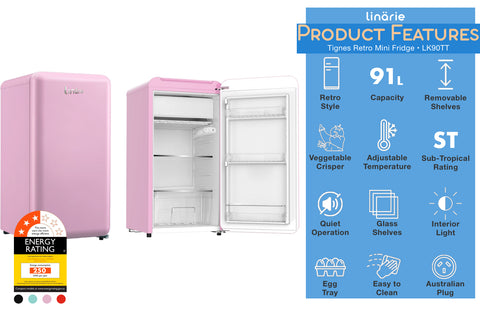 Linärie Appliances | Retro Fridge Collection | 250L Annecy Bottom Mount Fridge LKCO250 | 209L Valloire Top Mount Fridge LK200DD| 91L Tignes Mini Fridge with Built-In Freezer Compartment LK48MB | 48L Chatel Mini Fridge with Built-In Freezer Compartment LK90TT