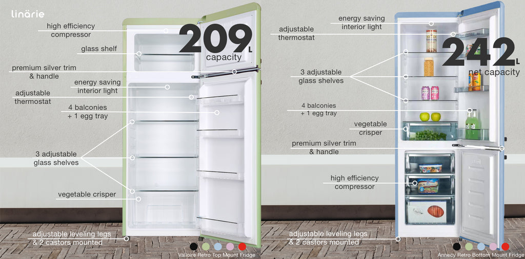 Linärie Appliances | Retro Fridge Collection | 250L Annecy Bottom Mount Fridge LKCO250 | 209L Valloire Top Mount Fridge LK200DD| 91L Tignes Mini Fridge with Built-In Freezer Compartment LK48MB | 48L Chatel Mini Fridge with Built-In Freezer Compartment LK90TT
