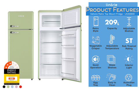Linärie Appliances | Retro Fridge Collection | 250L Annecy Bottom Mount Fridge LKCO250 | 209L Valloire Top Mount Fridge LK200DD| 91L Tignes Mini Fridge with Built-In Freezer Compartment LK48MB | 48L Chatel Mini Fridge with Built-In Freezer Compartment LK90TT