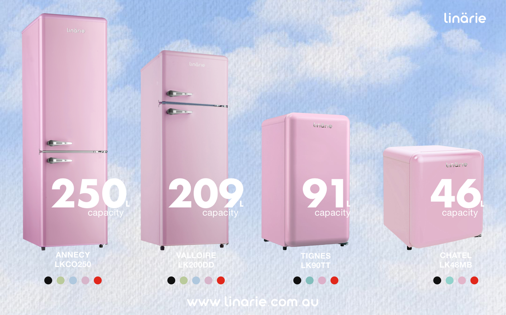 Linarie Appliances | Pink Retro Fridge Collection | Annecy 242L Retro Bottom Mount Fridge Pink LKCO250PINK | Valloire 209L Pink Retro Top Mount Fridge LK200DDPINK | Tignes 91L Pink Retro Mini Fridge with Built-In Freezer Compartment LK90TTPINK | Chatel 48L Pink Retro Mini Fridge with Built-In Freezer Compartment LK48MBPINK