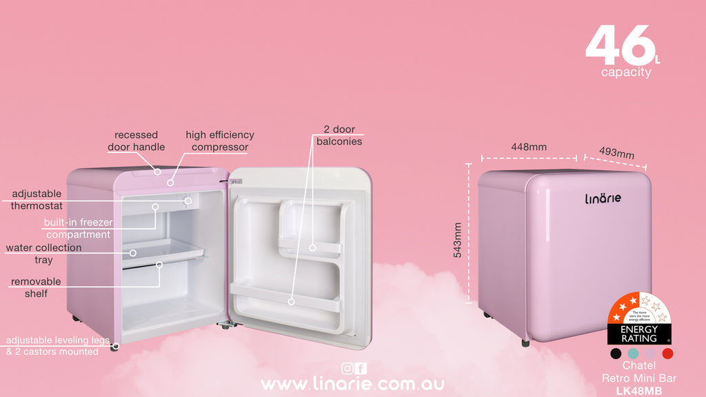 Linarie Appliances | Pink Retro Fridge Collection | Annecy 242L Retro Bottom Mount Fridge Pink LKCO250PINK | Valloire 209L Pink Retro Top Mount Fridge LK200DDPINK | Tignes 91L Pink Retro Mini Fridge with Built-In Freezer Compartment LK90TTPINK | Chatel 48L Pink Retro Mini Fridge with Built-In Freezer Compartment LK48MBPINK