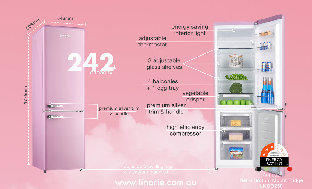 Linarie Appliances | Pink Retro Fridge Collection | Annecy 242L Retro Bottom Mount Fridge Pink LKCO250PINK | Valloire 209L Pink Retro Top Mount Fridge LK200DDPINK | Tignes 91L Pink Retro Mini Fridge with Built-In Freezer Compartment LK90TTPINK | Chatel 48L Pink Retro Mini Fridge with Built-In Freezer Compartment LK48MBPINK