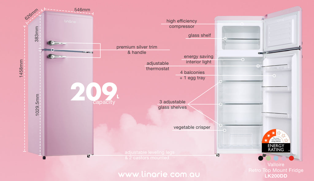 Linarie Appliances | Pink Retro Fridge Collection | Annecy 242L Retro Bottom Mount Fridge Pink LKCO250PINK | Valloire 209L Pink Retro Top Mount Fridge LK200DDPINK | Tignes 91L Pink Retro Mini Fridge with Built-In Freezer Compartment LK90TTPINK | Chatel 48L Pink Retro Mini Fridge with Built-In Freezer Compartment LK48MBPINK