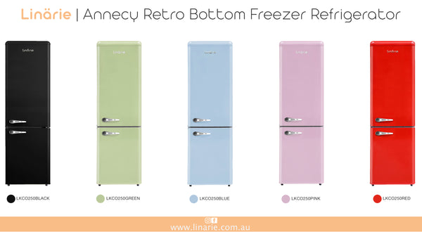 Linärie Appliances | Annecy Retro Bottom Freezer Refrigerator Blue LKCO250BLUE • Pink LKCO250PINK • Green LKCO250GREEN • Black LKCO250BLACK • Red LKCO250RED
