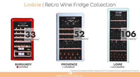 Linärie Appliances | Burgundy 33 Bottle Single Zone Retro Wine Fridge Red LICV33RED | Wine Cooler, Wine Cellar, Wine Cabinet, Wine Chiller, Wine Refrigerator, Wine Storage | Provence • 52 Bottle Capacity • Blue LICV52BLUE| Loire • 106 Bottle Capacity • Green LICV106GREEN