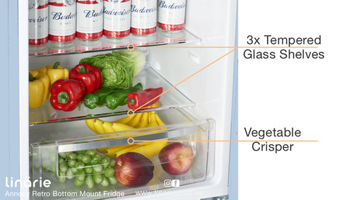 Linarie Appliances | Retro Bottom Mount Fridge | Blue LKCO250BLUE • Pink LKCO250PINK • Green LKCO250GREEN • Black LKCO250BLACK • Red LKCO250RED