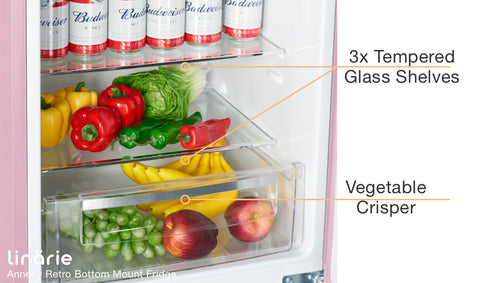 Linarie Appliances | Retro Bottom Mount Fridge | Blue LKCO250BLUE • Pink LKCO250PINK • Green LKCO250GREEN • Black LKCO250BLACK • Red LKCO250RED