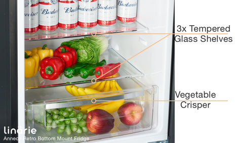 Linarie Appliances | Retro Bottom Mount Fridge | Blue LKCO250BLUE • Pink LKCO250PINK • Green LKCO250GREEN • Black LKCO250BLACK • Red LKCO250RED