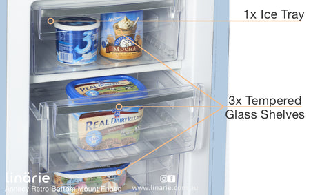 Linarie Appliances | Retro Bottom Mount Fridge | Blue LKCO250BLUE • Pink LKCO250PINK • Green LKCO250GREEN • Black LKCO250BLACK • Red LKCO250RED