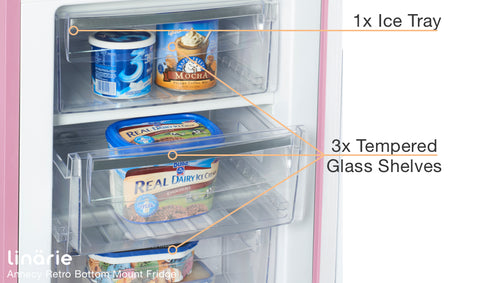Linarie Appliances | Retro Bottom Mount Fridge | Blue LKCO250BLUE • Pink LKCO250PINK • Green LKCO250GREEN • Black LKCO250BLACK • Red LKCO250RED