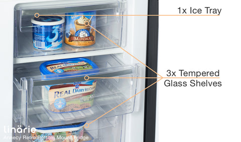 Linarie Appliances | Retro Bottom Mount Fridge | Blue LKCO250BLUE • Pink LKCO250PINK • Green LKCO250GREEN • Black LKCO250BLACK • Red LKCO250RED