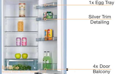 Linarie Appliances | Retro Bottom Mount Fridge | Blue LKCO250BLUE • Pink LKCO250PINK • Green LKCO250GREEN • Black LKCO250BLACK • Red LKCO250RED
