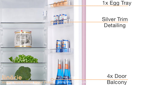 Linarie Appliances | Retro Bottom Mount Fridge | Blue LKCO250BLUE • Pink LKCO250PINK • Green LKCO250GREEN • Black LKCO250BLACK • Red LKCO250RED
