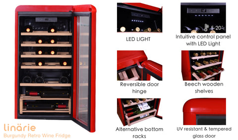 Linärie Appliances | Loire 106 Bottle Single Zone Retro Wine Fridge Green LICV106GREEN | Wine Cooler, Wine Cellar, Wine Cabinet, Wine Chiller, Wine Refrigerator, Wine Storage | Provence • 52 Bottle Capacity • Blue LICV52BLUE | Burgundy • 33 Bottle Capacity • Red LICV33RED