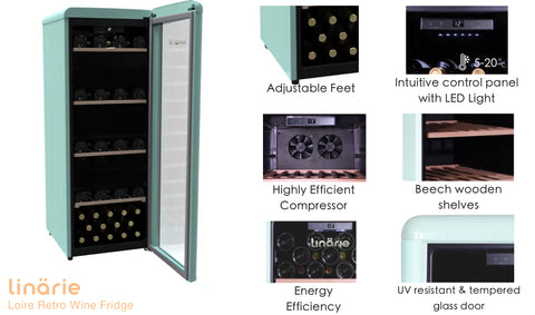 Linärie Appliances | Burgundy 33 Bottle Single Zone Retro Wine Fridge Red LICV33RED | Wine Cooler, Wine Cellar, Wine Cabinet, Wine Chiller, Wine Refrigerator, Wine Storage | Provence • 52 Bottle Capacity • Blue LICV52BLUE| Loire • 106 Bottle Capacity • Green LICV106GREEN