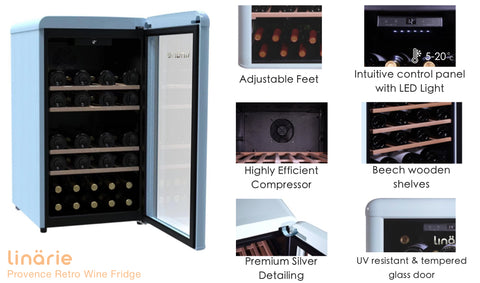 Linärie Appliances | Provence 52 Bottle Single Zone Retro Wine Fridge LICV52BLUE | Wine Cooler, Wine Cellar, Wine Cabinet, Wine Chiller, Wine Refrigerator, Wine Storage | Burgundy • 33 Bottle Capacity • Red LICV33RED | Loire • 106 Bottle Capacity • Green LICV106GREEN