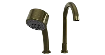 Two bronze bathroom fixtures are displayed: an Empava curved showerhead on the left and a tall, curved faucet on the right. Both have a sleek, modern design and metallic finish.