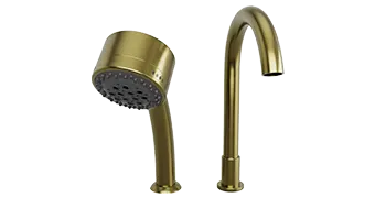 An Empava matte gold kitchen faucet with a high arc design is shown alongside a matching pull-out sprayer attachment, both featuring a sleek and modern look.