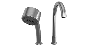 Two stainless steel bathroom fixtures are depicted: an Empava detachable showerhead with a round, perforated spray face on the left and a curved faucet on the right. Both feature a sleek, modern design and polished finish.