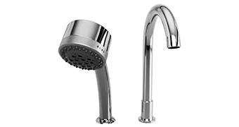 Two silver bathroom fixtures are shown side by side on a white background. On the left is a handheld showerhead attached at an angle, featuring multiple small water nozzles. On the right is an Empava sleek, curved faucet with a smooth, streamlined design.