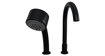 Image showing two black bathroom fixtures from Empava. The fixture on the left is a showerhead with multiple small holes for water flow, connected to a curved arm. The fixture on the right is a faucet with a smooth, curved spout. Both are in a sleek, modern design.