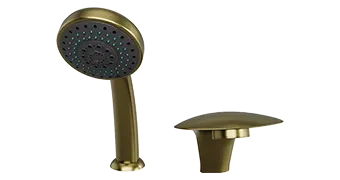 An Empava brass handheld showerhead with green nozzles is positioned vertically next to a matching brass shower valve handle mounted horizontally. Both items feature a sleek, modern design against a white background.