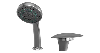 The Empava showerhead and faucet set in brushed metal finish boasts multiple spray nozzles arranged in concentric circles with a green interior accent. The matching faucet features a sleek, curved design. Both fixtures showcase a modern, minimalist style that elevates any bathroom.
