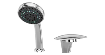 A sleek, modern chrome showerhead from Empava with multiple water nozzles is displayed alongside a matching, elegant faucet handle. Both fixtures have a stylish, contemporary design and a metallic finish.