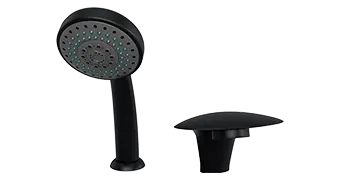 An Empava black handheld showerhead with green nozzles and a separate black faucet handle, both positioned against a white background. The showerhead is elevated, while the faucet handle lies horizontally.