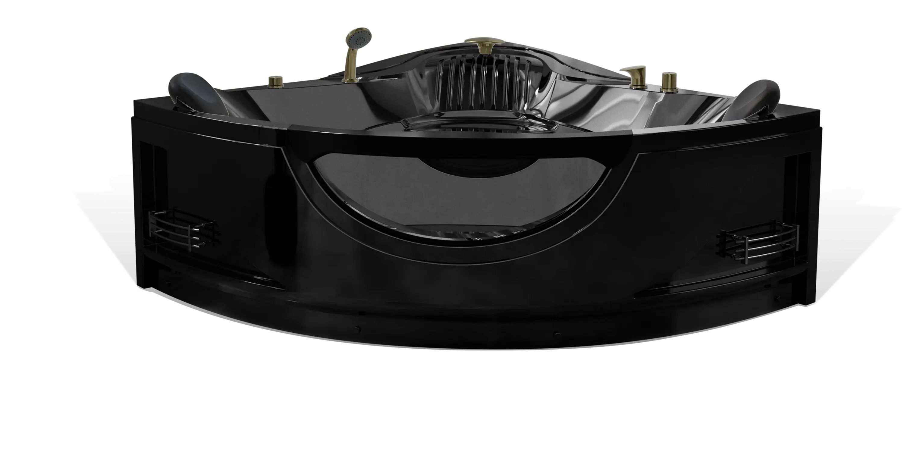 An Empava black corner bathtub with brass faucets, built-in headrests, and a rounded transparent front panel. The tub boasts an ergonomic design with multiple jets for hydrotherapy and integrated controls for water temperature and jet pressure.