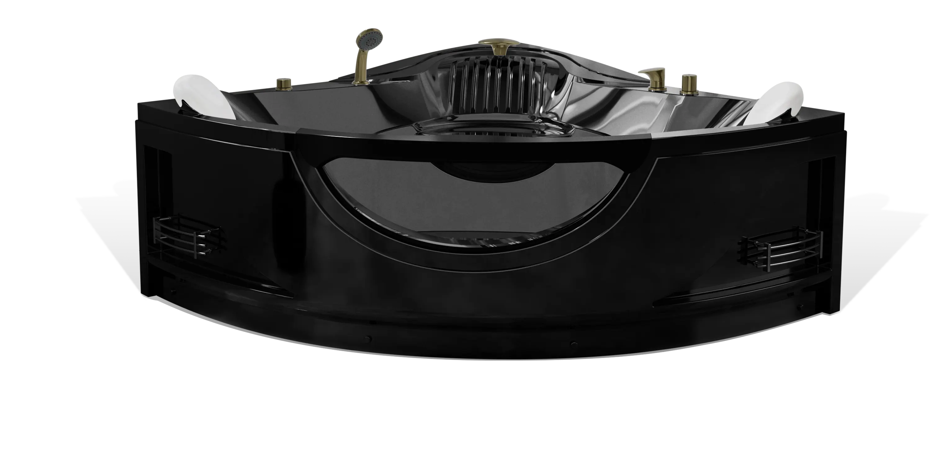 A sleek black Empava hot tub with golden fixtures, including a faucet and jets. The tub has an ergonomic design with multiple seating areas. The glossy surface reflects light, and the front features a semi-circular cutout.