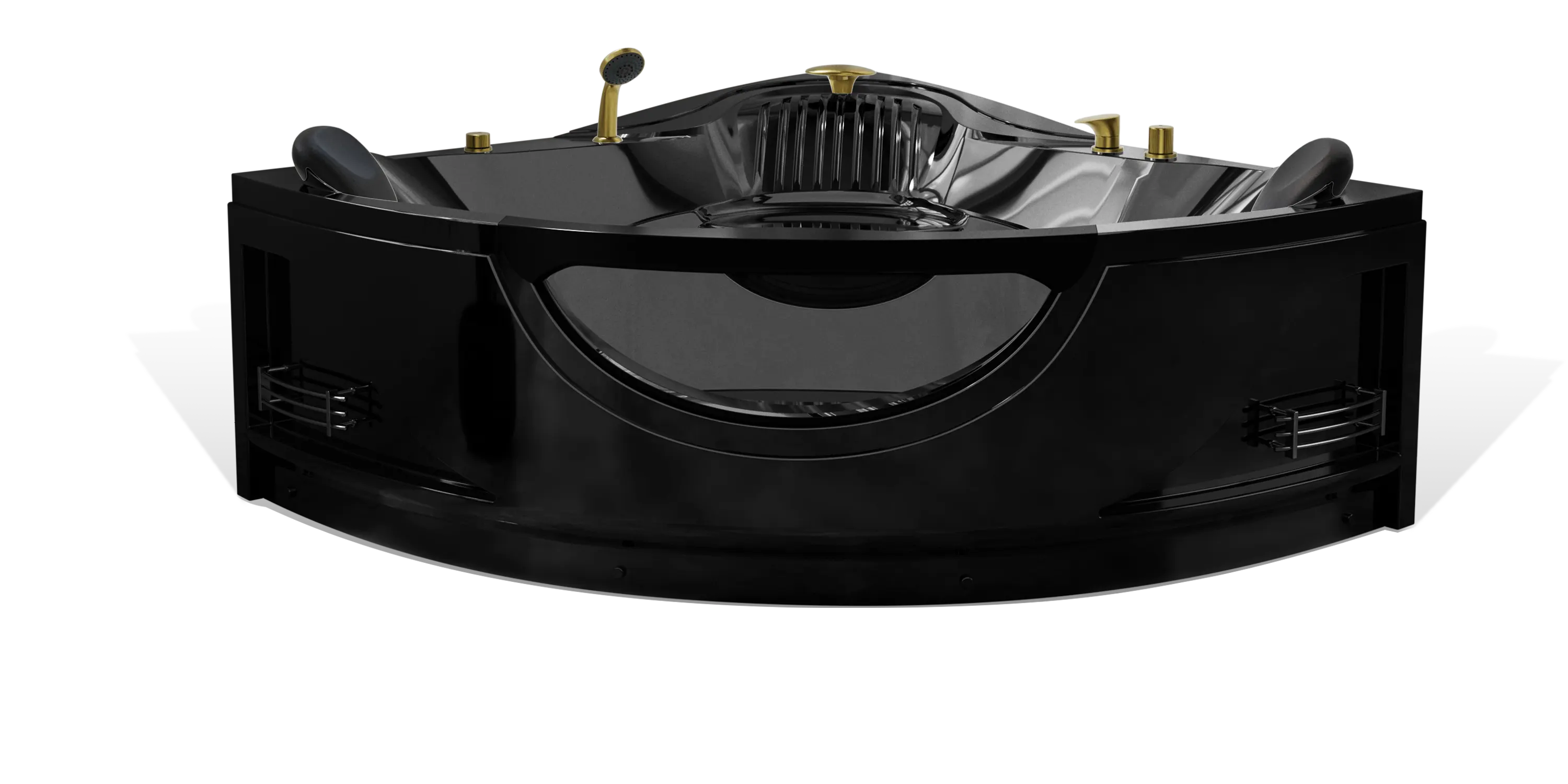 The Empava black, modern salon shampoo sink boasts gold faucet fixtures and a reclining chair. The unit features a large, curved basin with ergonomic headrests and additional storage compartments on the sides for added convenience.