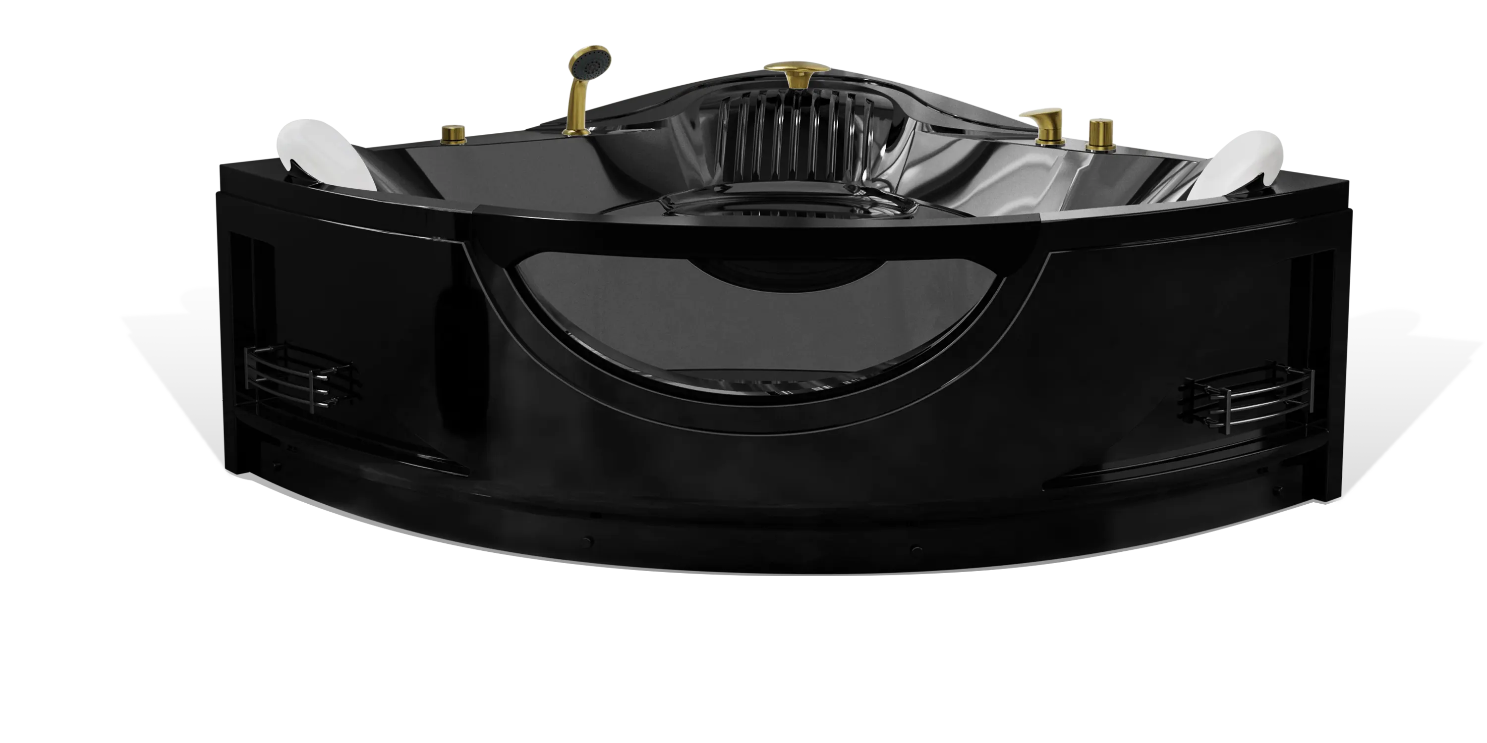 A black, curved luxury bathtub by Empava featuring a built-in headrest, golden faucets, and a circular design. The tub also includes an intricate backrest, air vents, and raised controls for easy access. The background is transparent.