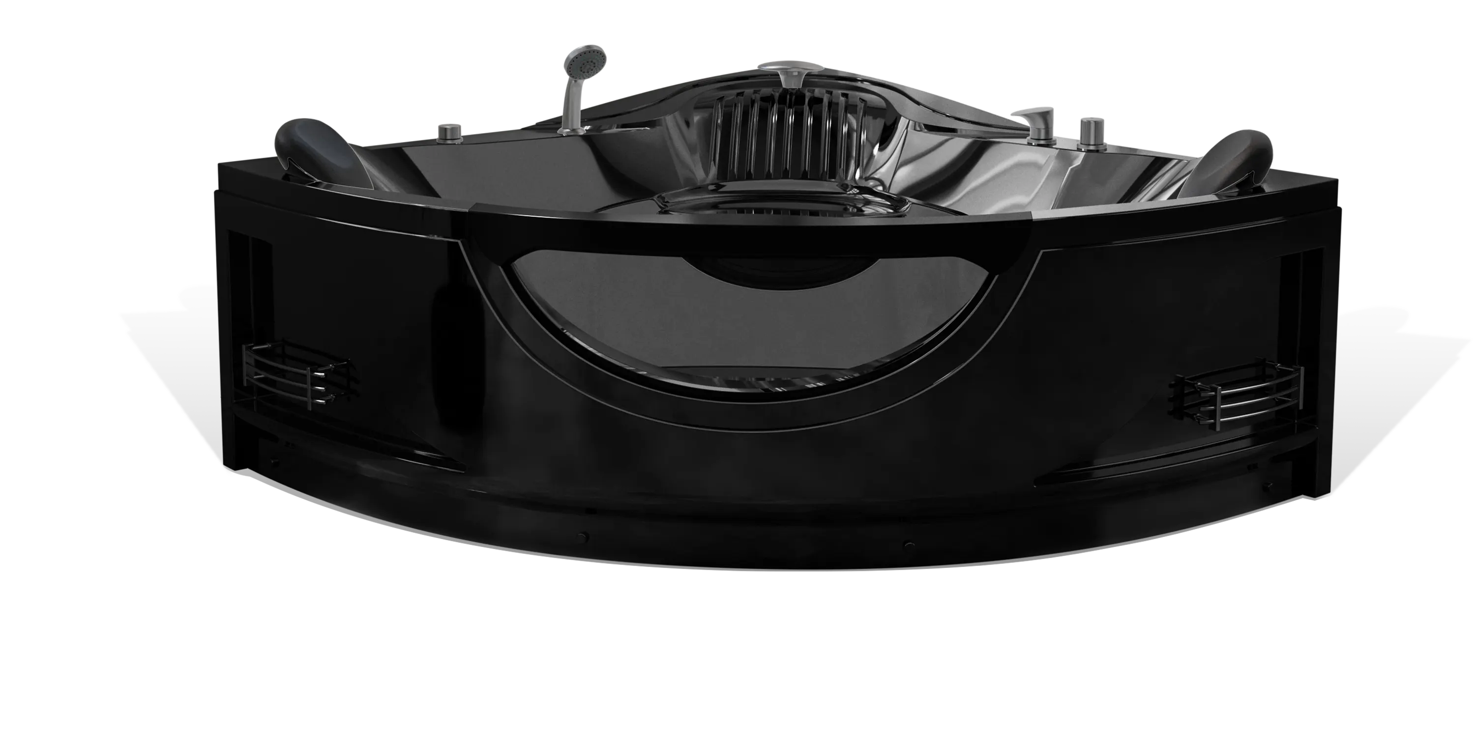 The Empava bathtub is a sleek, black, modern-looking fixture with a built-in seat and various controls. It features a rounded front with two small vent-like openings on each side and shiny chrome fixtures, including a showerhead. The design is minimalist and contemporary.