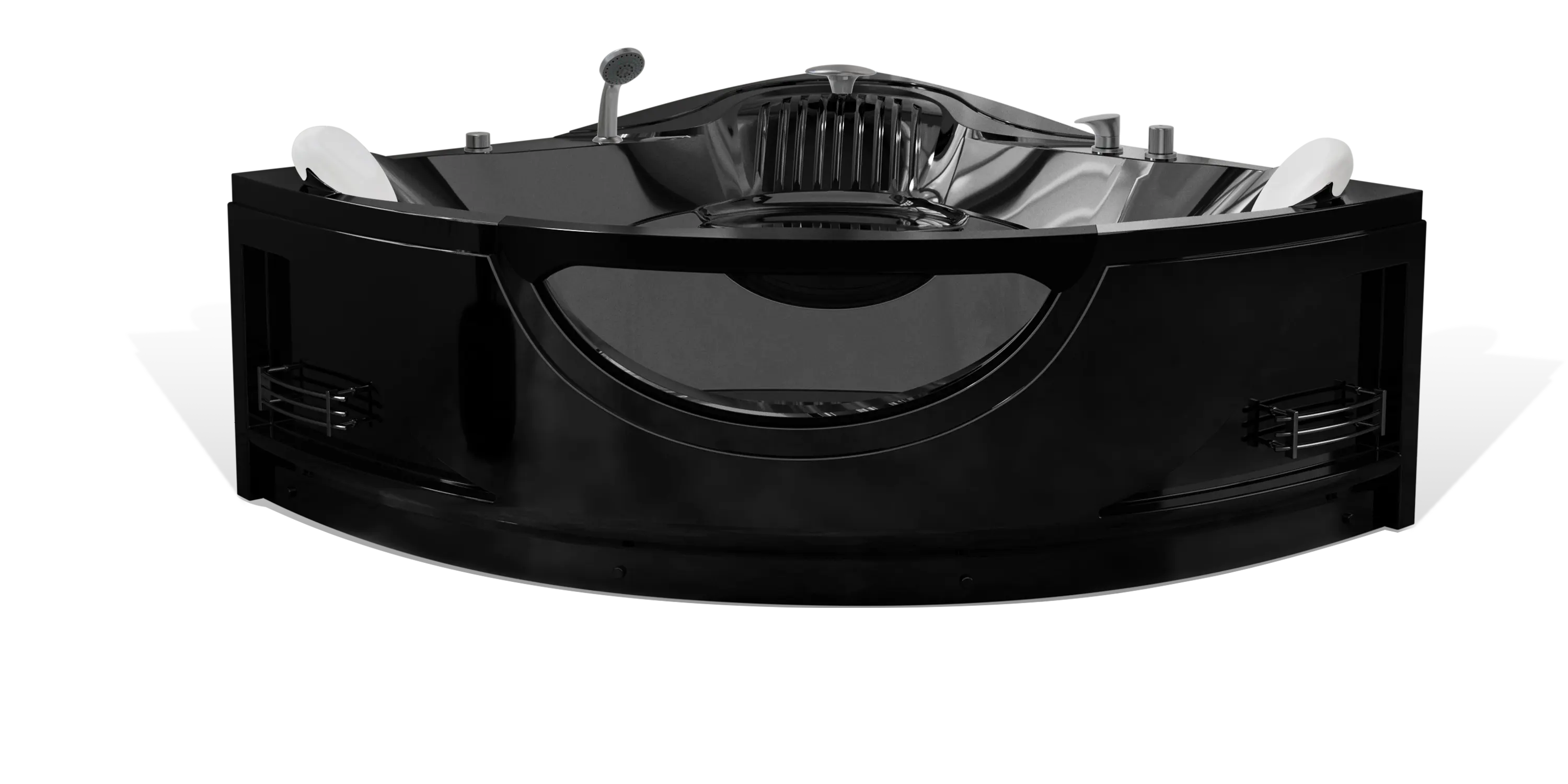 A luxurious black Empava hot tub featuring a sleek and modern design. It includes various control knobs, a headrest, and a water jet system, providing a comfortable and relaxing experience. The tub's glossy finish adds an elegant touch to its appearance.