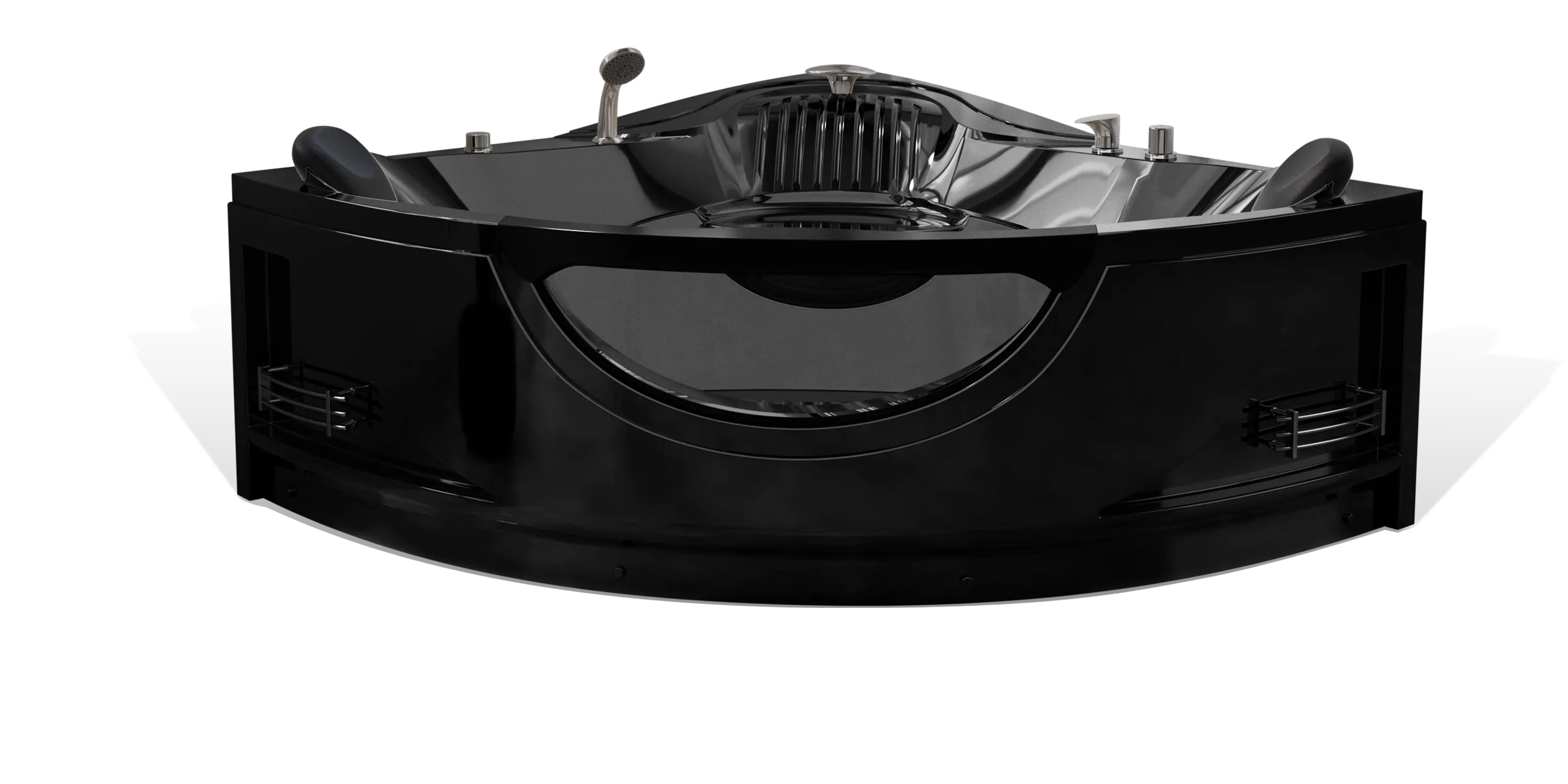 A sleek black Empava corner whirlpool bathtub with a modern design featuring built-in headrests, control knobs, and a handheld shower wand. The tub has a curved front and is designed to fit into a corner space, offering a luxurious bathing experience.