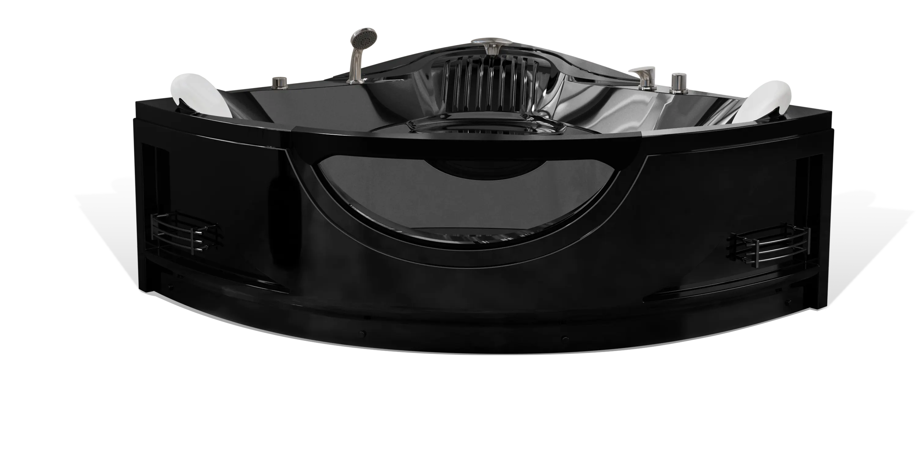 A sleek black modern bathtub by Empava with a circular design, built-in headrests, and chrome fixtures. The tub also has vent-like features on its base and an ergonomically designed backrest.