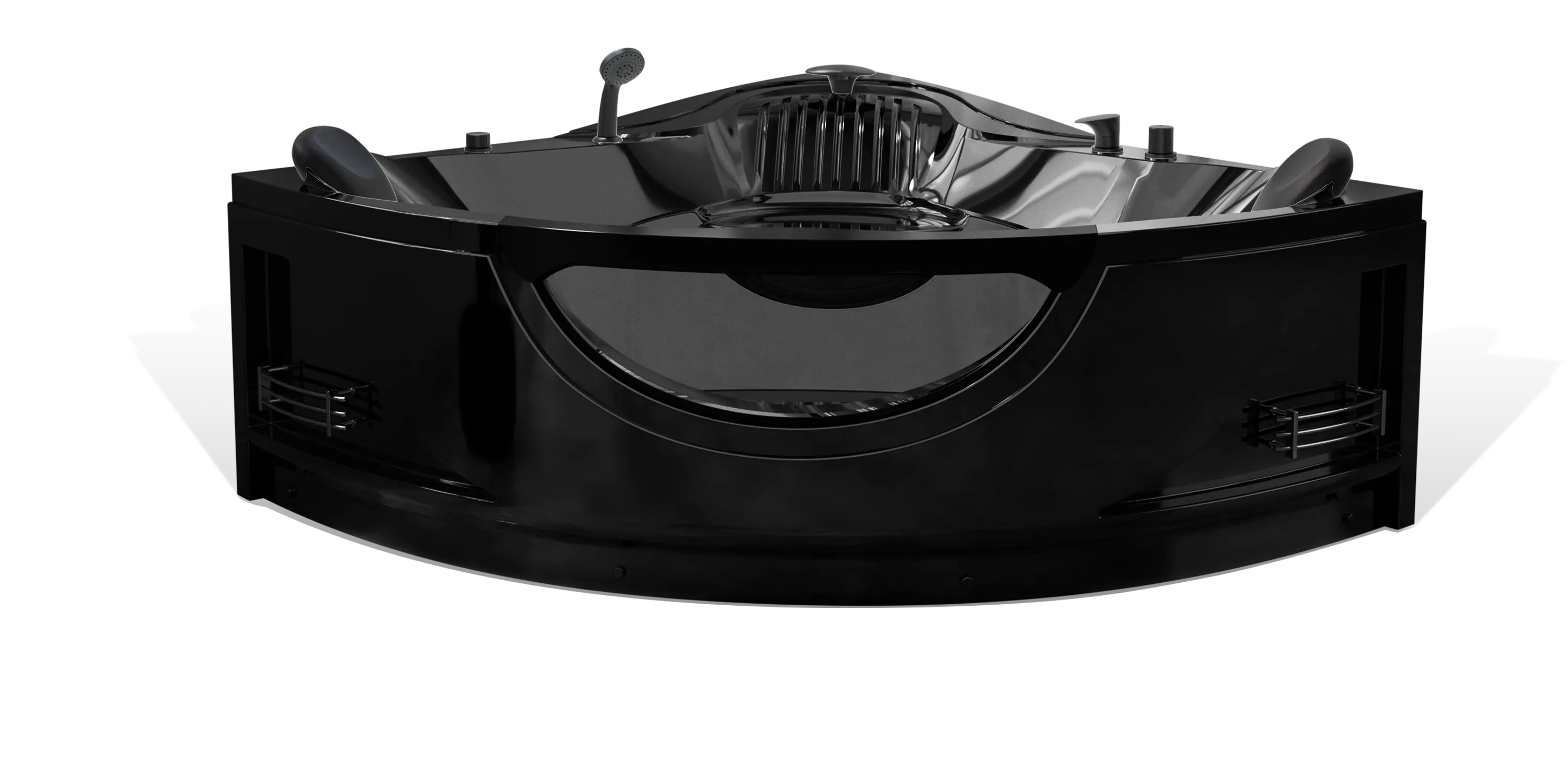 A curved, black, modern Empava hair-washing sink with ergonomic headrests and an adjustable faucet. The smooth, reflective surface highlights its sleek and sophisticated design suitable for a salon setting.