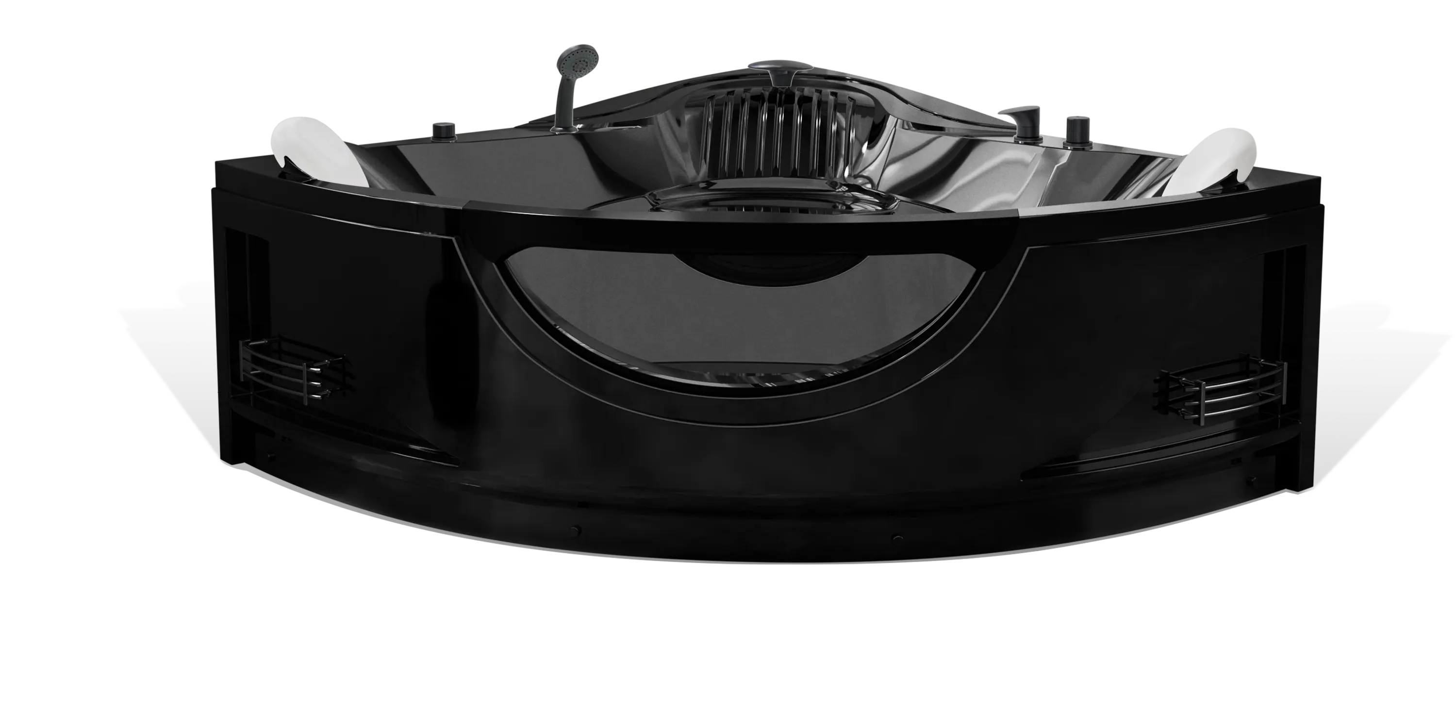 An Empava sleek and modern black bathtub with sharp, angular designs and built-in handles on both sides is seen. The tub features an elevated backrest and an integrated showerhead, providing a luxurious and comfortable bathing experience. The plumbing and fixtures are also visible.