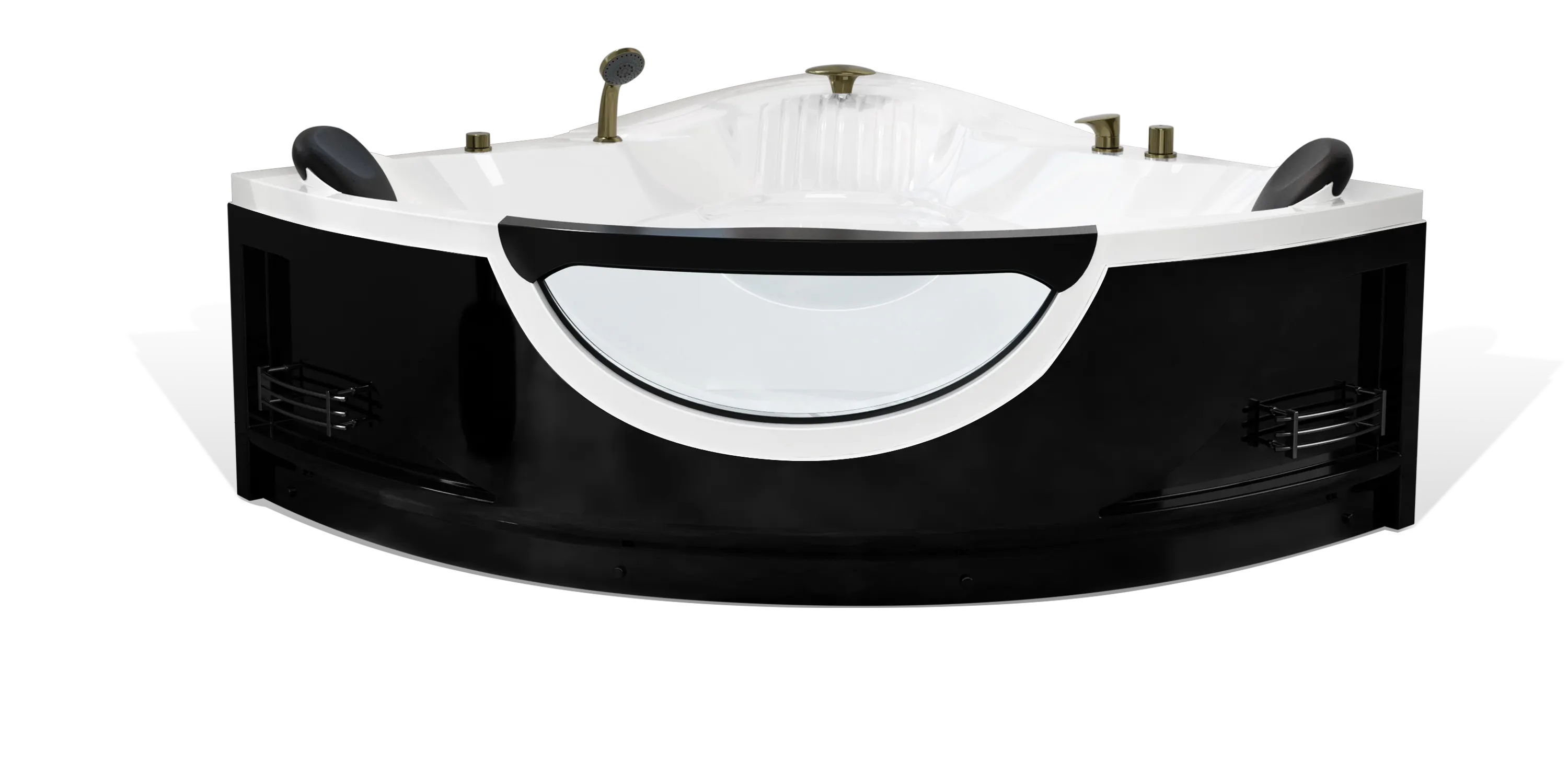 A modern, black and white Empava corner bathtub with a transparent front panel and built-in headrests. The bathtub features multiple jets, a handheld showerhead, and a sleek design, highlighting both luxury and functionality.