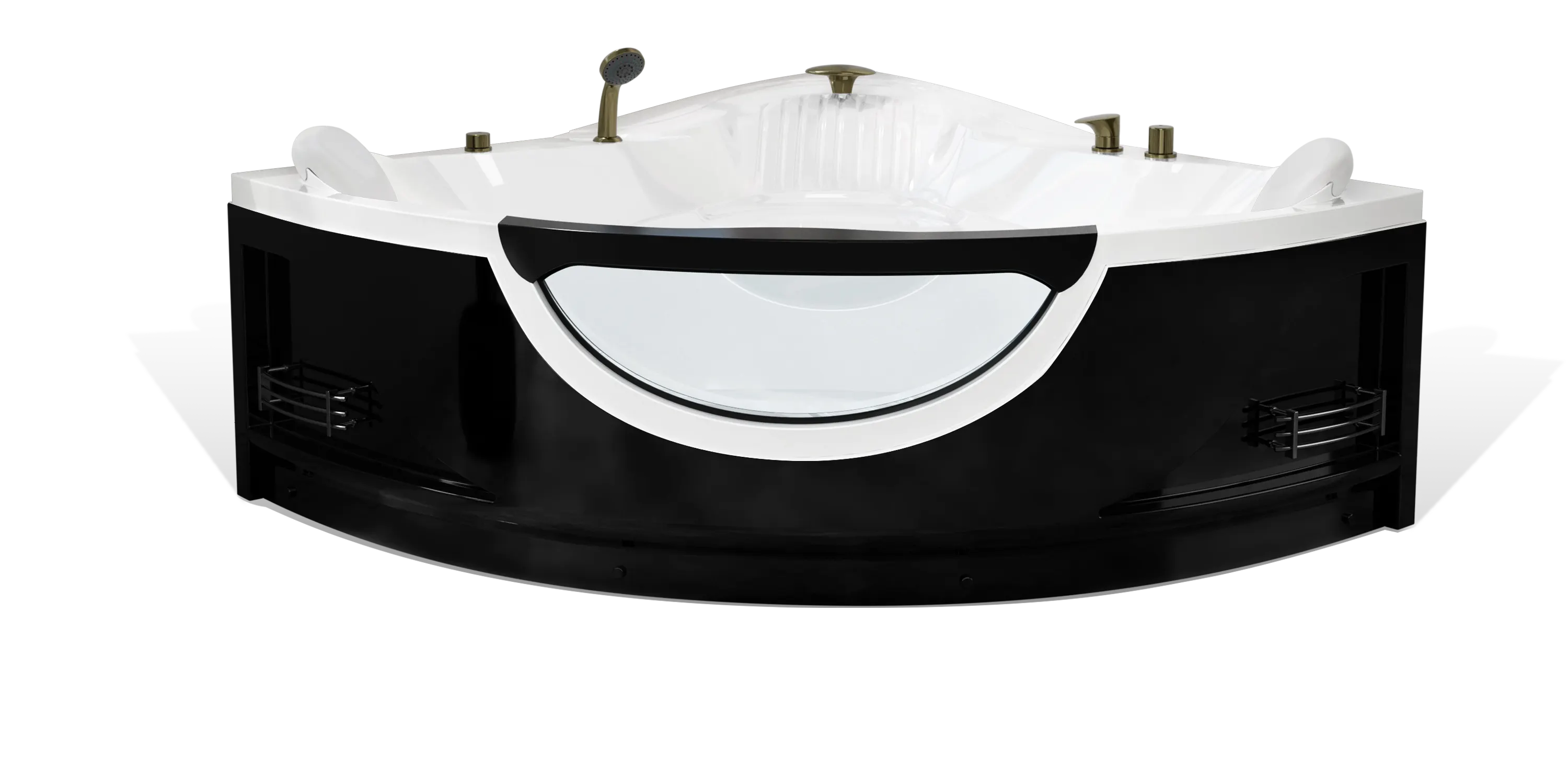 A modern, black and white Empava corner bathtub with sleek, curved lines. The tub features a transparent window on one side, metal handles, and multiple control knobs for water settings. The design is contemporary with a focus on luxury and aesthetics.